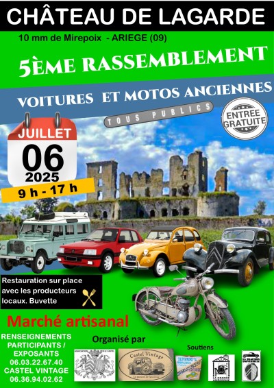 Rassemblement de vielles voitures au château de Lagarde en Ariège